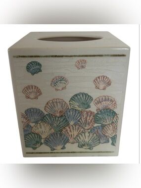 Seashell Ceramic Tissue Box Cover in Blue, Green, Tan